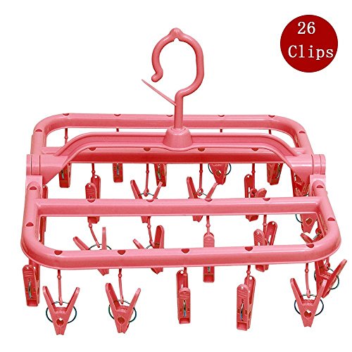 Plastic Foldable Portable Underwear Hanging Dryer Clothes Drying Hanger Rack with 26 Clips,Pink