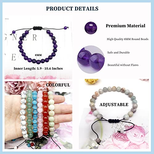 Jewpark 12 Pcs 8Mm Semi-Precious Gemstone Bracelet Set Healing Crystal Stone Bracelets For Men Women Round Beaded Adjustable Macrame Bracelets #TOP5