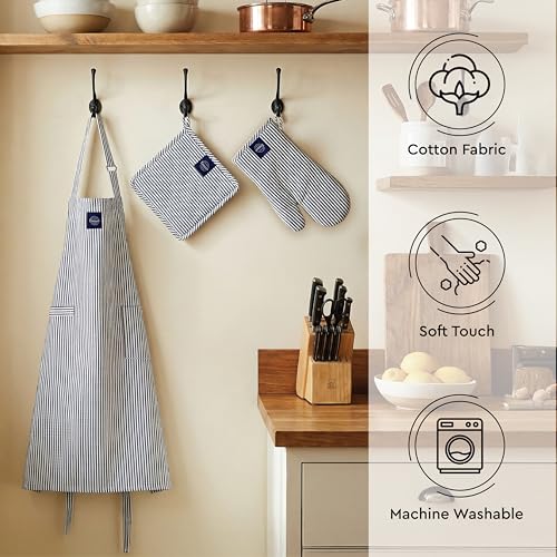 Image of Encasa XO 100% Cotton Apron Set for Women & Men with Adjustable Apron, Oven Gloves & Pot Holder (Pack of 3) Combo, Heat-Resistant, Soft & Durable for Cooking, Baking & Grilling (Ticking Black)