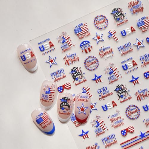 Image of Independence Day Nail Art Stickers Red Blue Nail Decals Star with USA Design American Flag 4th July Nails Stickers 5D Self Adhesive Patriotic Nail Supplies for Women Girls Manicure DIY Decoration
