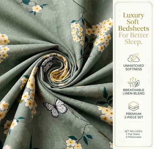 Image of HOMEKART Floral Printed King Size Cotton Bedsheet with 2 Pillow Covers | Luxury Double Bed Bedding Set 86x88 Inches | Ultra Soft, Breathable & Wrinkle Resistant & Home Decor (Pastel Eucalyptus)
