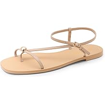 Women's Strappy Flat Sandals for Women Comfortable Open Square Toe Sandals Dressy Beach Thong Cute Wedding Summer Ankle Strap Sandals