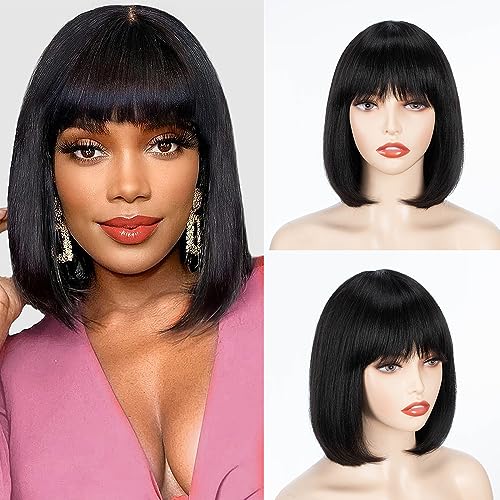 FASHION IDOL Bob Human Hair Wig with Bangs for Black Women Short Straight Hair 10 Inch Natural Black Glueless Machine Made Short Bob Wigs Wear and Go