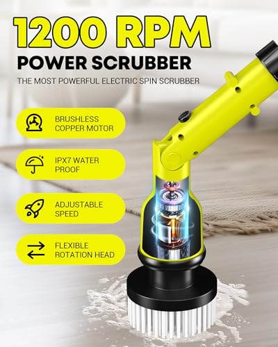 Image of Electric Spin Scrubber with 3+ Hour Long Lasting Battery, 1000W /1200RPM High Power Cordless Clean Brush with 50IN Adjustable Long Handle, 4 Replacement Head for Bath /Tub /Tile /Floor, RyobiGreen