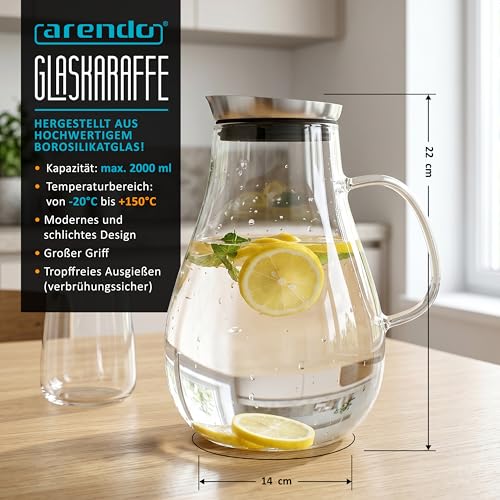 Foto von Arendo - Glaskaraffe 2000 ml, Karaffe aus Glas mit Deckel 2 L, Wasserkaraffe mit Edelstahldeckel und integriertem Grobfilter, Borosilikatglas, Haltegriff, Temperaturbereich –20 °C bis +150 °C