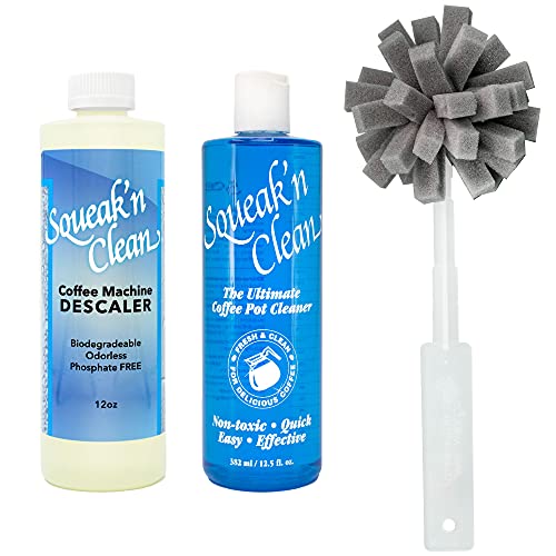 Coffee Pot Cleaner, Coffee Machine Descaling, and Pot Brush Set with Squeak'n Clean Coffee Pot Cleaner, Squeak'n Clean Coffee Maker Descaler, and Coffee Pot Scrub Brush Set by Kaizen8