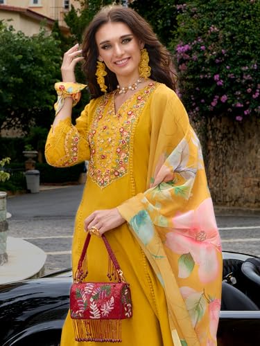 Image of INDO ERA Women's Silk Blend Embroidered A-Line Kurta and Pant with Dupatta Set (Ieout6682)