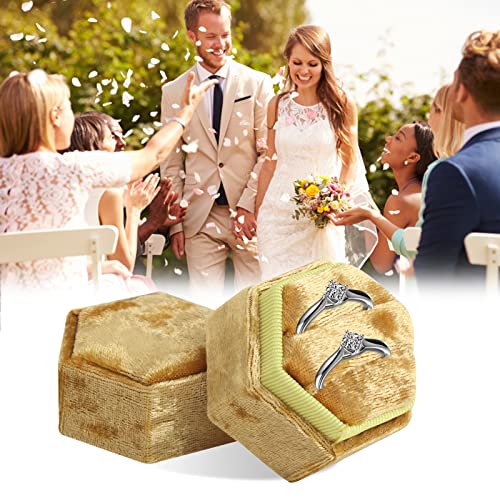 Hujox Velvet Ring Box, Double Slots Hexagon Jewelry Ring Case Boxes With Detachable Lid For Proposal Engagement Wedding Ceremony Gift (Yellow) #TOP2