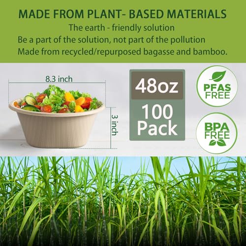 Cuencos de papel desechables Homestockplus de 48 oz para ensaladas ecológicas, pack de 100 3