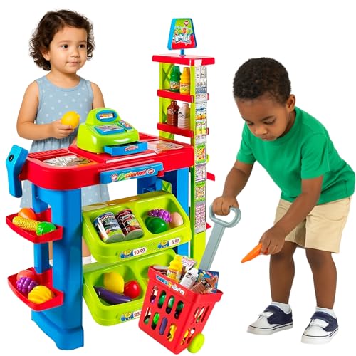 OLEOCA Supermarket Playset for Kids — Grocery Store Pretend Play with Toy Shopping Cart, Cash Register, Scanner & Play Food Accessories – Fun Gift for Ages 3+