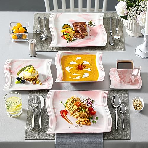 Image of MALACASA Dinnerware Sets, 30-Piece Pink Plates and Bowls Sets for 6, Porcelain Dinnerware Set with Plates and Bowls, Cups and Sacuers, Square Dish Set, Modern Dining Ware Set, Series Flora