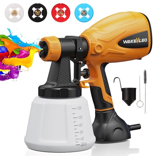 WAKEVLEO 600W Paint Sprayer, 3 Adjustable Spray Patterns, 4 Nozzle Sizes, and 1200ml Electric Spray Gun for Home Interior Cabinets, House, Fence, Ceiling, 0-1000ml/min Flow Rate Control