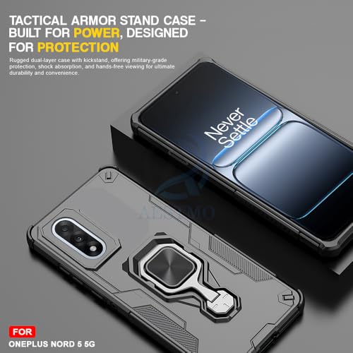 Image of AESTMO Armor Back Cover for OnePlus Nord 5 5G | Ring Holder & Kickstand & Camera Protection in-Built | 360 Degree Protection Back Case Cover (Black)