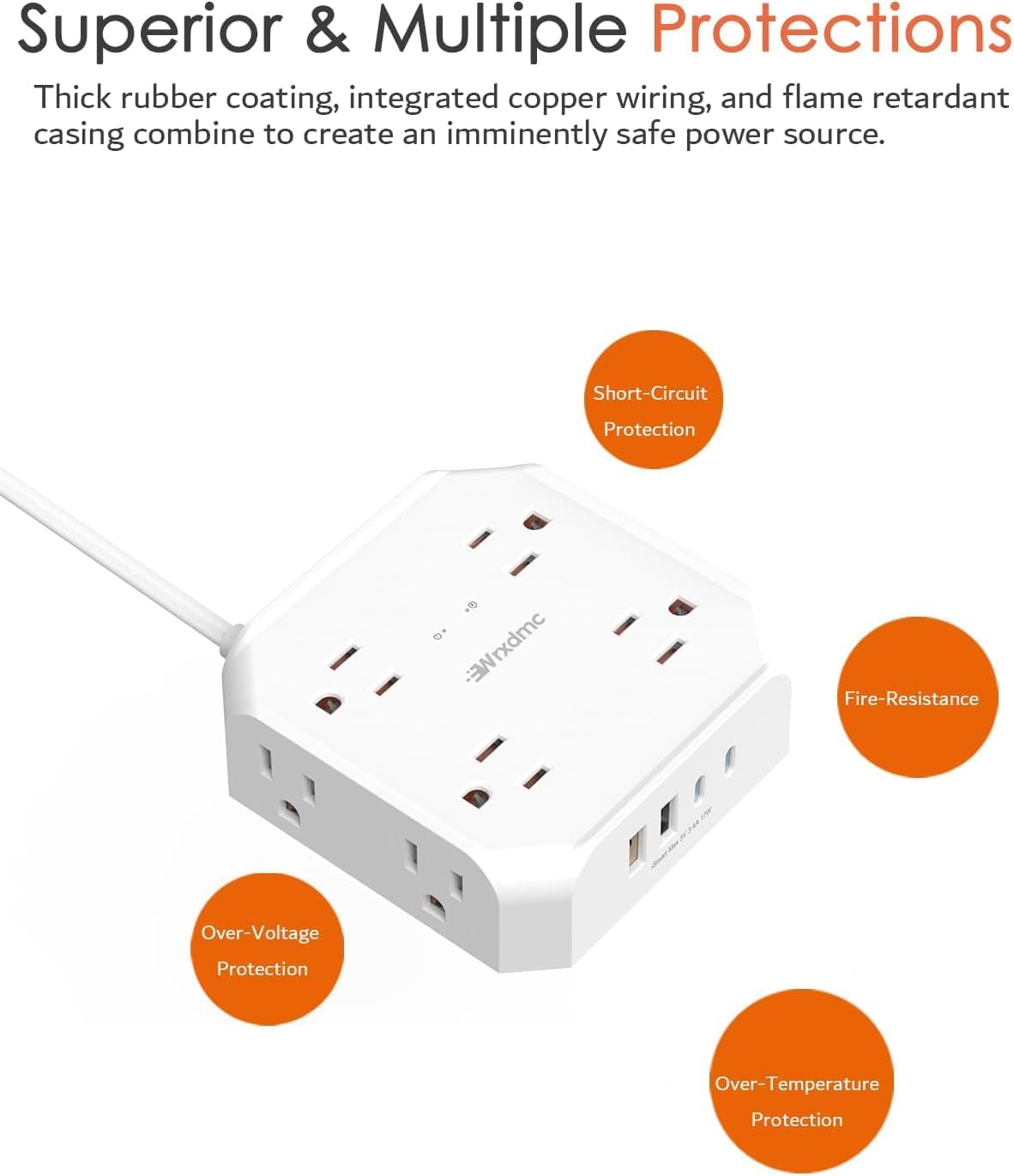 2 Prong Power Strip, WRXDMC 2 Prong to 3 Prong Outlet Adapter, 1400J Two Prong Surge Protector, 15ft Long Extension Cord, 8 AC Outlets with 2 USB C and 2 USB A Port, Wall Mountable,Ideal for Old House
