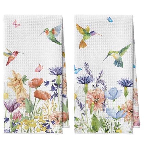 Artoid Mode Anemone Flower Hummingbird Kitchen Towels Tea Towels, 18x30 Inch Oversize Quick Dry Microfiber Cloth Dish Towels for Kitchen Drying Set of 2
