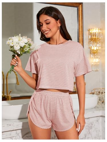 Image of OYOANGLE Womens Pajama Sets 2 Piece Sexy Lounge Sets Summer Cute Pjs Striped Print Tee and Side Split Shorts Set
