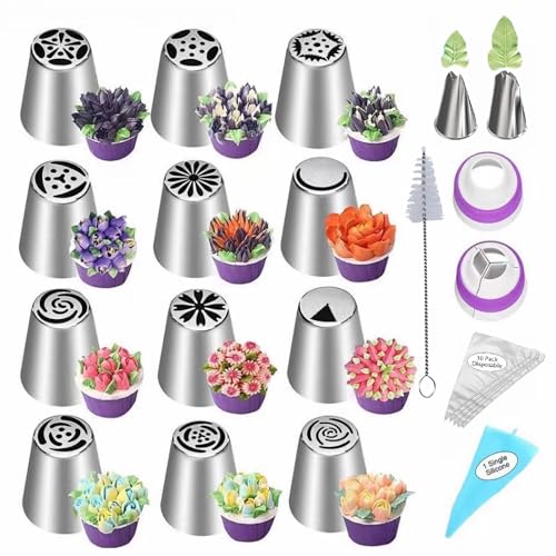 MDLJG 28 Pcs Russian Piping Tips Set Frosting Nozzle Kit Baking Supplies for Cookie Cupcake (12 Icing Tips 10 Pastry Baking Bags 2 Leaf Piping Tips 2 Couplers 1 Silicone Bag 1 cleaning brush)