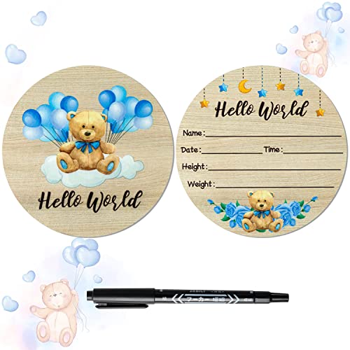 Image of R HORSE Wooden Baby Birth Announcement Sign with Marker Pen Blue Bear Pattern Newborn Announcement Card Personalized Wooden Baby Birth Sign for Baby Shower Birthday Gift Keepsakes