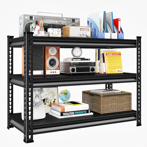 Schwerlastregal, Regal mit Stahlgestell 100 x45 x91cm, Kellerregal 600KG Traglast, Lagerregal mit 3 Verstellbare Ablagen, Steckregal, Werkstattregal, Keller, Garage (Schwarz, 100 x45 x91 cm-3 Platten)