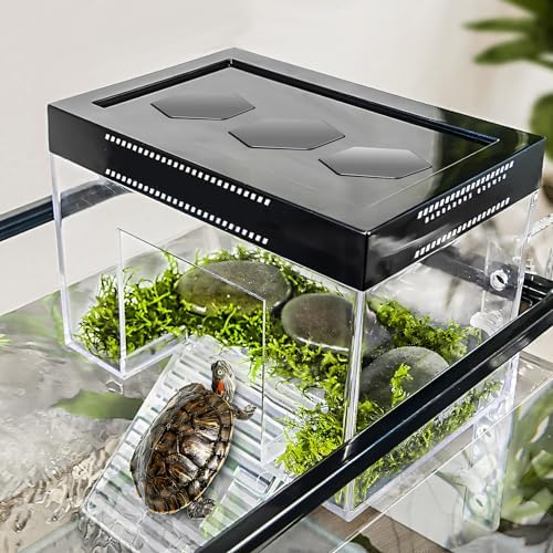 Plataforma de tortuga para colgar en altura ajustable, hábitat con tapa y rampa, 25 x 16 x 16 cm, policarbonato transparente, pequeño sobre el tanque, para tortugas terrestres, deslizadores de orejas