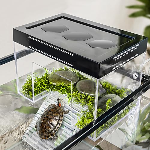 Image of Turtle Basking Platform Adjustable Height Hanging Topper Habitat with Lid and Ramp, 25×16×16 cm Clear PC Small Above Tank Aquarium Enclosure for Baby Land Turtles Red Eared SlidersSmall Reptiles