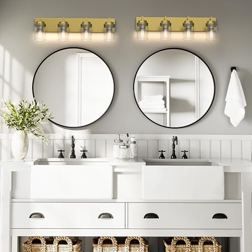 Image of Bathroom Lighting Fixtures, 4-Light Bathroom Vanity Lights Over Mirror, Brass Vanity Light with Glass Shade, Modern Vanity Lighting Fixtures for Bedroom, Hallway