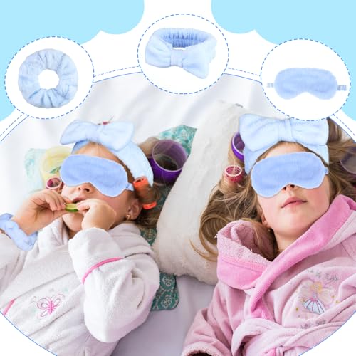 FIONUPI 30 Pcs Spa Sleepover Party Supplies 6 Bow Makeup Headband 6 Plush Sleep Eye Mask 6 Velvet Scrunchies 6 Makeup Remover Cloth 6 Clear Cosmetic Bags for Women Slumber Party Favors (Blue)