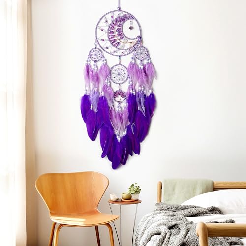 Large Dream Catchers, Handmade Woven Moon Healing Crystal Stone Dream Catcher Wall Hanging Ornament for Bedroom Living Room Wedding Party Decor, Festival Blessing Craft Gift (Purple Moon) - Image 6