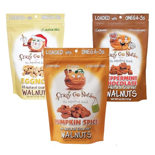 Crazy Go Nuts Holiday Sampler Walnuts - Flavored Walnuts, Glazed On the Go Snack, Roasted Nut Pieces, Vegan, Source of Omega-3 - Pumpkin Spice, Peppermint Chocolate, Eggnog, 4.5oz (3-Pack)