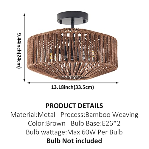 Hummingbird Boho Light Fixture Ceiling Mount Rattan Semi Flush Mount Ceiling Light,15'' Hand Woven Bamboo Wicker Cage Lampshade,Farmhouse Close To Ceiling Light For Bedroom Kitchen Hallway #TOP4
