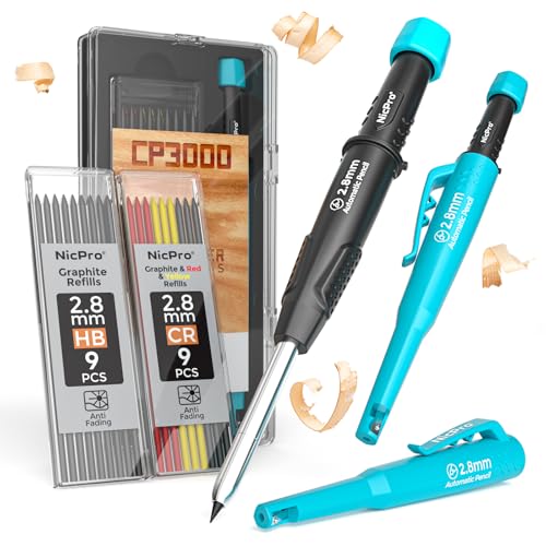 Nicpro Carpenter Pencil with Sharpener, CP3000 Carpenter Mechanical Pencils with 19 Refill, Deep Hole Marker for Construction, Heavy Duty Construction Pencil, Woodworking Tool for Marking - Blue