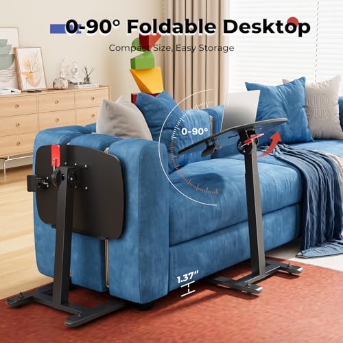 Image of JOY worker Low Height Small Mobile Standing Desk for Couch, Height Adjustable TV Tray Table with 90 Foldable MDF Desktop, Portable Laptop Desk with Low Base & Lockable Hidden Casters, Black