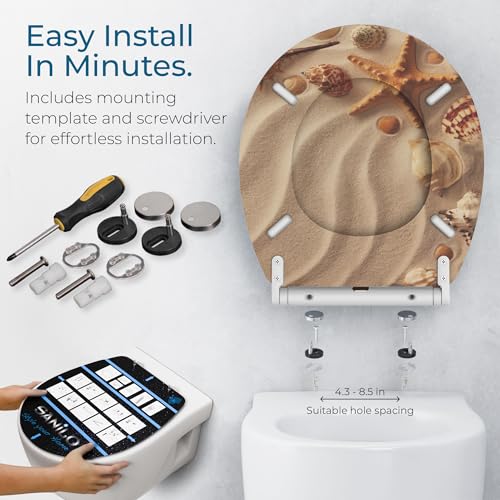 Image of Sanilo Wooden Toilet Seat with Quick Release & Soft Close [ROUND] - Decorative & Slow Close Molded Wood Seat - With One Click for Easy Installation & Cleaning - With Adjustable Fit (Sanibel)