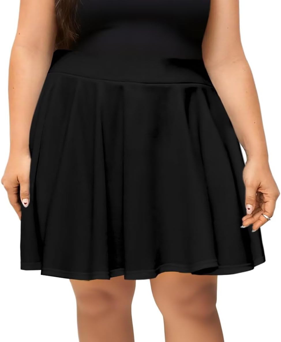 Afibi Womens Plus Size Mini Skater Skirt Basic Versatile High Waisted Flared Short Stretchy Skirts - Image 2