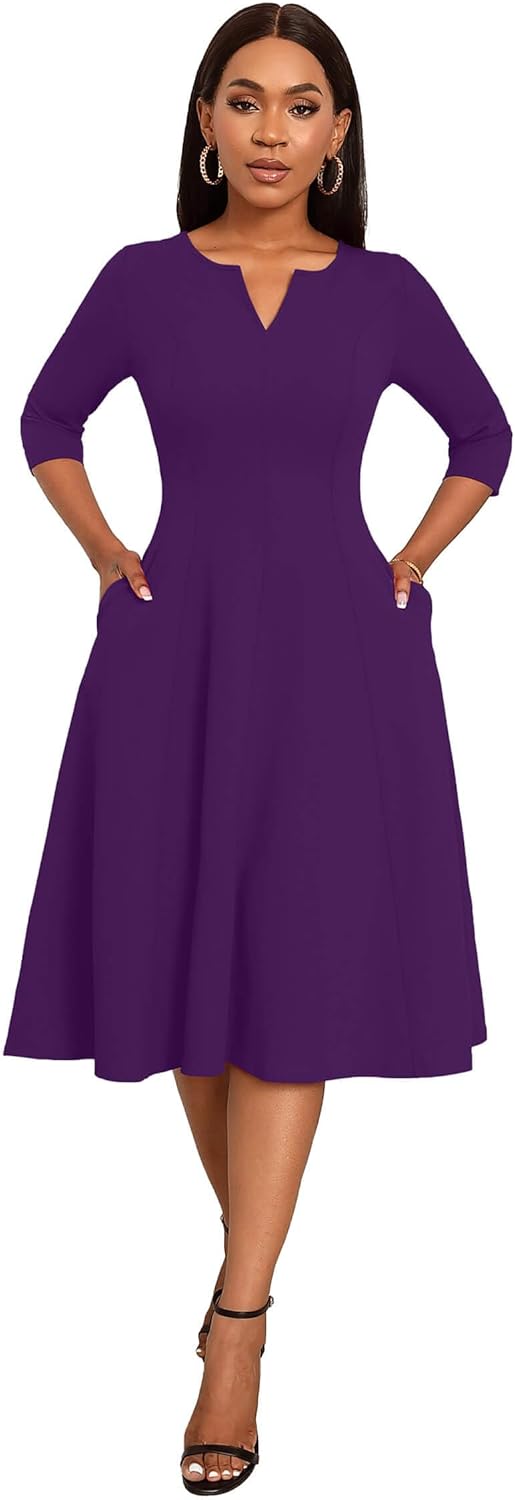 Nmoder Midi Dresses for Women A-Line Fit and Flare Dress 3/4 Sleeve V Neck Cocktail Wedding Guest Work Dress with Pockets