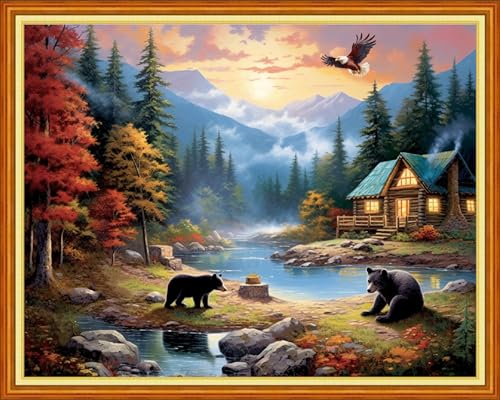 Image of Dimxvean Stamped Cross Stitch Kits,Cross Stitch Kits for Adults Beginners,Embroidery Kits Full Range of Cross Stitch Stamped Kits Needlepoint Kits Cross Stitch Patterns-Bear Scenery 16x20 inch