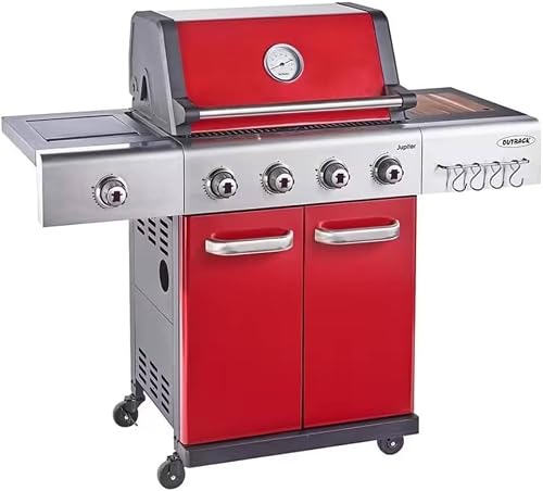 Outback Jupiter 4 Burner Gas/Charcoal Hybrid Barbecue with Chopping Board, Red