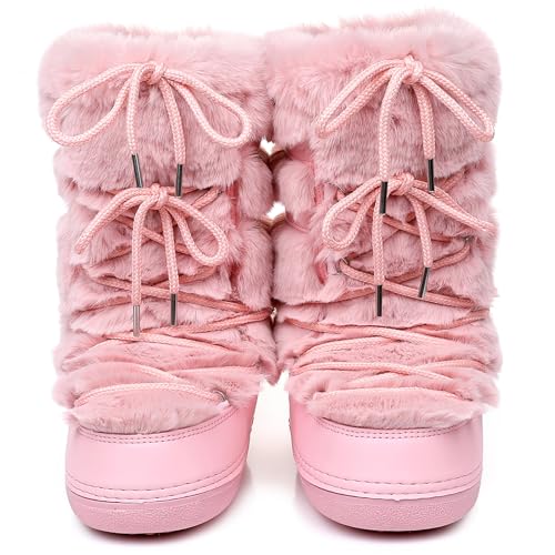 ZHENAIYISHENG Furry Faux Fur Boots for Women - Fuzzy Winter Snow Boots - Fluffy Black White Pink Lace-up Water-Resistant Platform Mid-Calf Boots (pink, 8, 9)