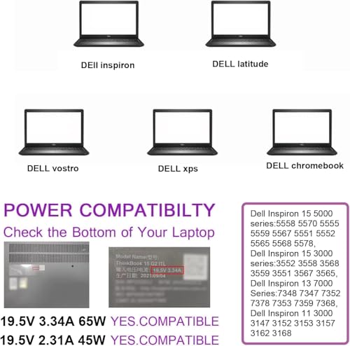 Image of 65W 4.5mm 3.0mm Laptop Charger Fit for Dell inspiron 11 13 14 15 17 3000 5000 7000 Series 3565 3567 3576 5558 5755 5555 5559 7212 7506 2in1 Vostro Series 0G6J41 0MGJN9 AC (De 65W 4.5 * 3.0mm)
