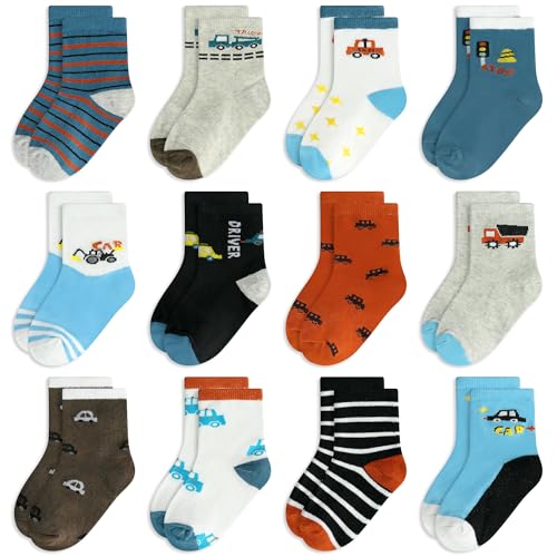 GENTABY 12 Pairs Boys Crew Socks Kids Toddlers Socks Organic Cotton Design of Cartoon and Striped Patterns Cosy Breathable Multiple Colors for 1-3 Years