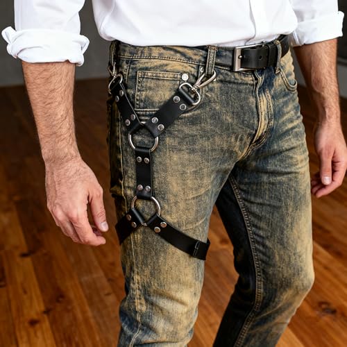 PIIKNUO Herren Bein Harness Leder Punk Gothic Herren Sexy Punk Oberschenkel Hosenträger Männer Leder Oberschenkel Geschirr Gürtel Bandage Kostüme Geschirr Männer Fesseln Bein Harness