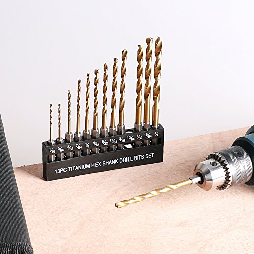 COMOWARE Titanium Twist Drill Bit Set - 13 Pcs Hex Shank High Speed Steel for Wood Plastic Aluminum Alloy, Quick Change, 1/16