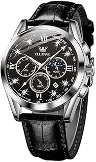 OLEVS Mens Watches Leather Chronograph Luxury Fashion Dress Analog Quartz Wrist Watch Luminous Waterproof Moon Phase Date
