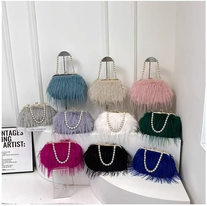 Women Pearl Ostrich Feather Tote Bag Fluffy Purse Clutch Feather Evening Handbag for Wedding Party (6) - Image 5