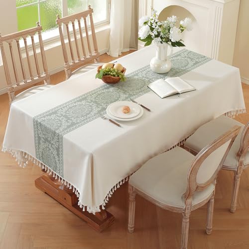 Pahajim Rectangular Cotton Linen Tablecloth with Tassels, Farmhouse Dining Table Cover, Water Resistant Wrinkle Free Table Cloth for Indoor Outdoor Use, Kitchen Party Picnic,55''x102'', 8-10 Seats