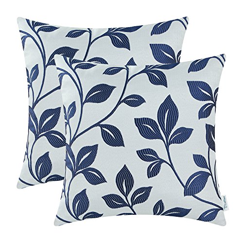 CaliTime Pack of 2 Soft Throw Pillow Covers Cases for Couch Sofa Home Decoration Cute Growing Leaves 18 X 18 Inches Navy Blue