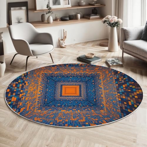 Tapis rond bleu lavable effet 3D illusion d'optique pour chambre - 7
