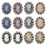 GOLDEN STRAWBERRY 12 PCS Vintage Elegant Victorian Lady Beauty Cameo with Crystal Brooch Pin