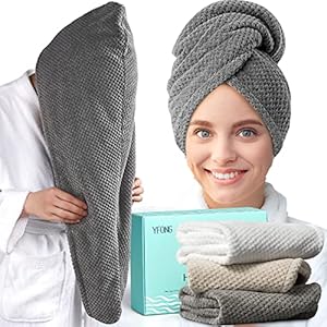YFONG 3 Pack Large Microfiber Hair Towel Wrap, 30″ x 10″ Anti Frizz Quick Dry Hair Towels for Women Long, Curly, Thick Hair, Super Absorbent Hair Turban for Wet Hair (Grey, White, Camel)