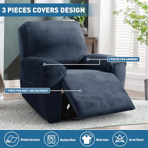 Image of ZNSAYOTX 2026 Velvet Oversized Recliner Cover 3-Piece, Luxury Plush Recliner Chair Covers with Elastic Band & Ties Stay in Place, Stretch Reclining Slipcover for Lazy Boy Soft Washable (Navy Blue)